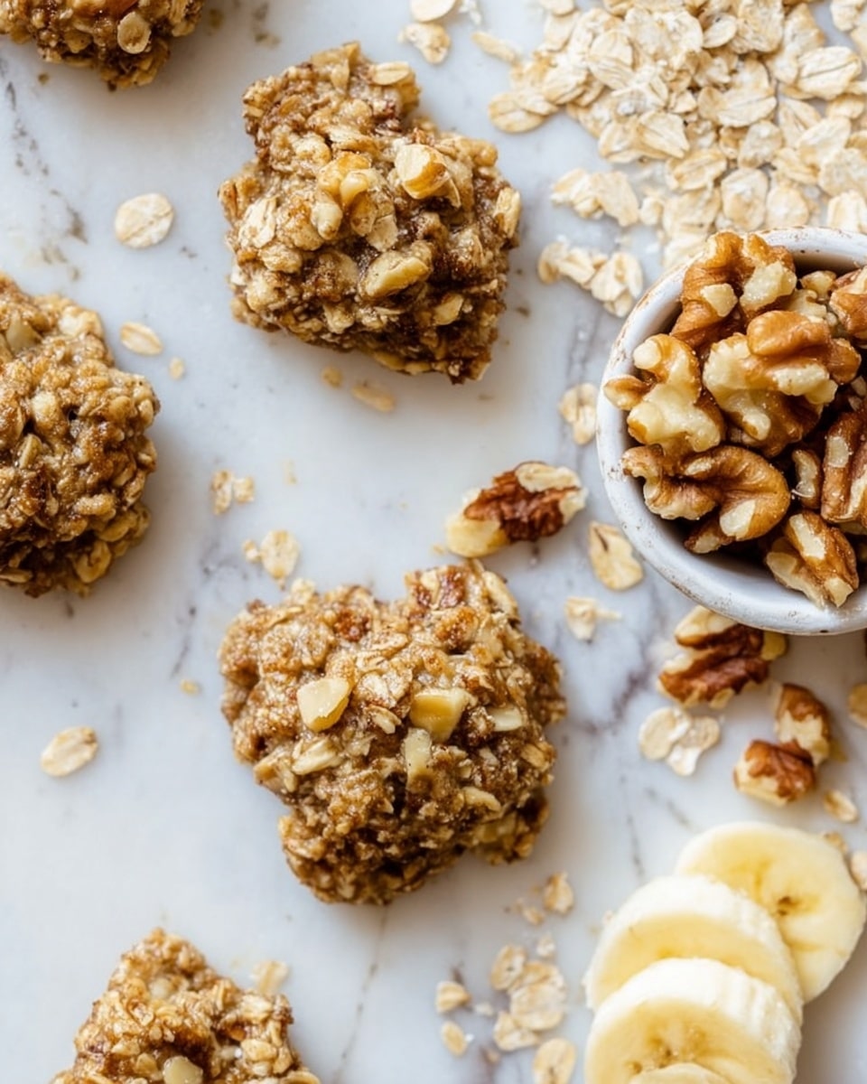 The image shows several oatmeal and walnut clusters with a rough, chunky texture, each piece consisting of a light brown mix of oats and small walnut pieces. The clusters are scattered over a white marbled surface with some oat flakes and walnut bits around them. There is a small white bowl on the right side filled with walnut halves, and in the bottom center, there are three slices of banana with a soft creamy yellow color. The overall look is natural and rustic with a focus on the texture of oats and nuts. photo taken with an iphone --ar 4:5 --v 7