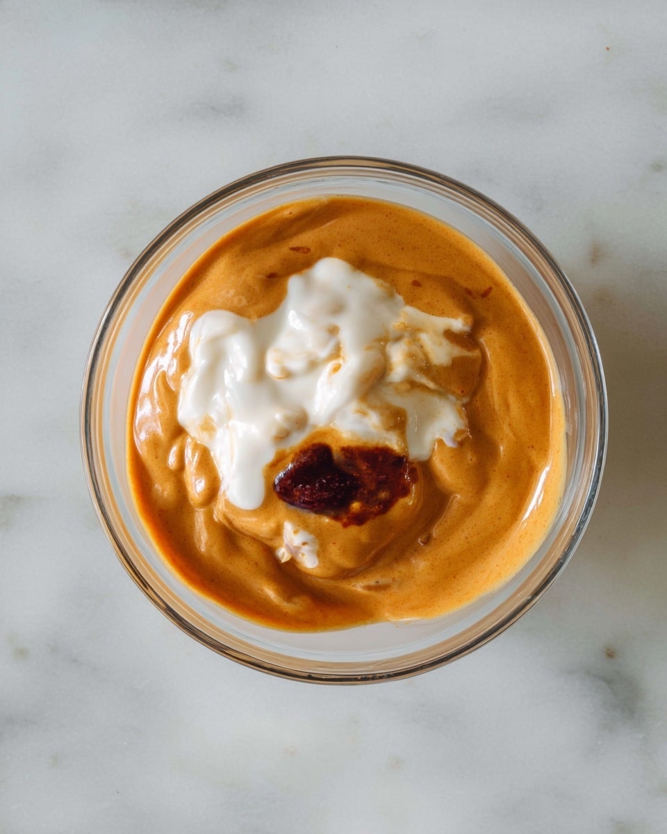 The image shows a clear glass bowl placed on a white marbled surface, containing a mix of thick sauces. The bottom layer is a rich orange sauce with a smooth, creamy texture. On top of this layer, there is a dollop of white sauce, slightly blended into the orange sauce. There is also a small, dark reddish-brown patch sitting on the orange sauce. The mix appears softly swirled but not fully combined, showing distinct sauce colors and textures. Photo taken with an iphone --ar 4:5 --v 7