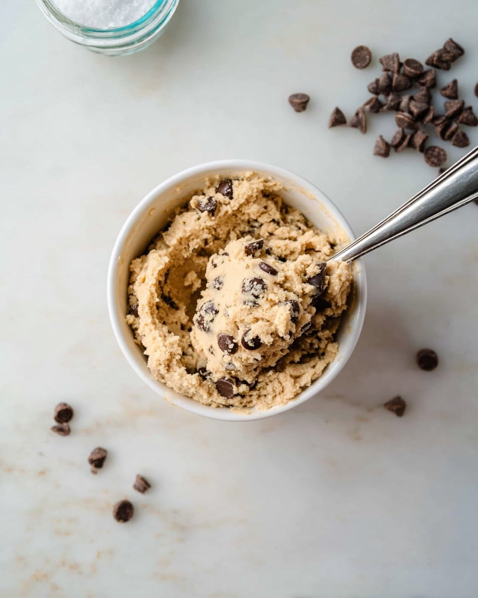 The image shows a white small round bowl filled with a thick, chunky mixture of light brown cookie dough with visible dark brown chocolate chips mixed throughout. A silver spoon is scooping up some of the dough from the bowl, showing its dense texture. Around the bowl, scattered chocolate chips and a small glass jar of granulated sugar lie on a clean white marbled surface. The overall look is soft with a mix of creamy and rough textures. photo taken with an iphone --ar 4:5 --v 7