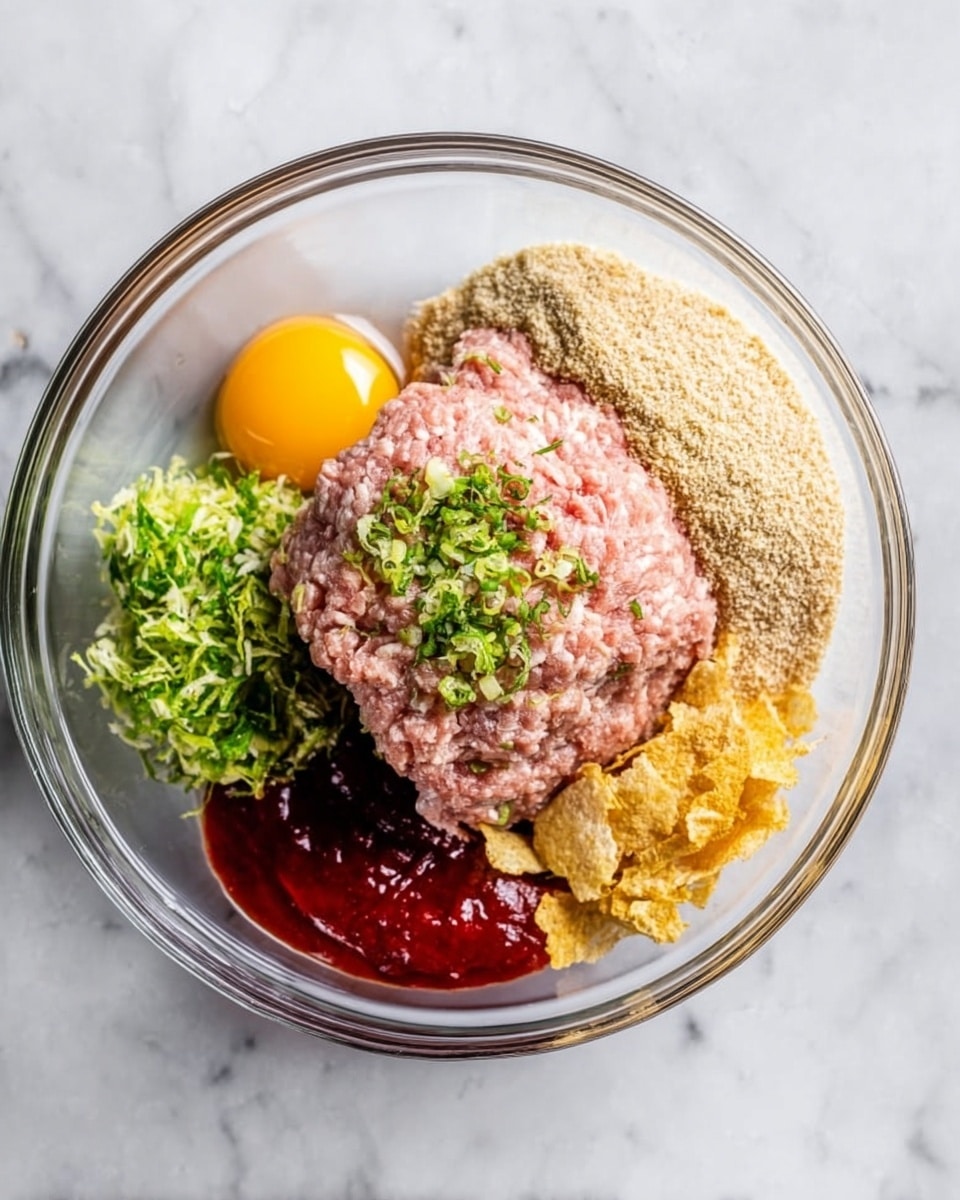 A clear glass bowl sits on a white marbled surface, filled with several ingredients waiting to be mixed. There is a large mound of pale pink ground meat at the center, topped with small bits of green shredded vegetable. To the right is a pile of light beige breadcrumbs, creating a grainy texture. Next to the meat, at the bottom right, are golden yellow crunchy flakes, offering a different texture. At the bottom left, there is a bright red sauce with a smooth look. Above the sauce, there is a clump of green shredded vegetable similar to the one on the meat. At the very top left inside the bowl, an uncooked egg yolk sits intact, shining with a smooth yellow surface. photo taken with an iphone --ar 4:5 --v 7