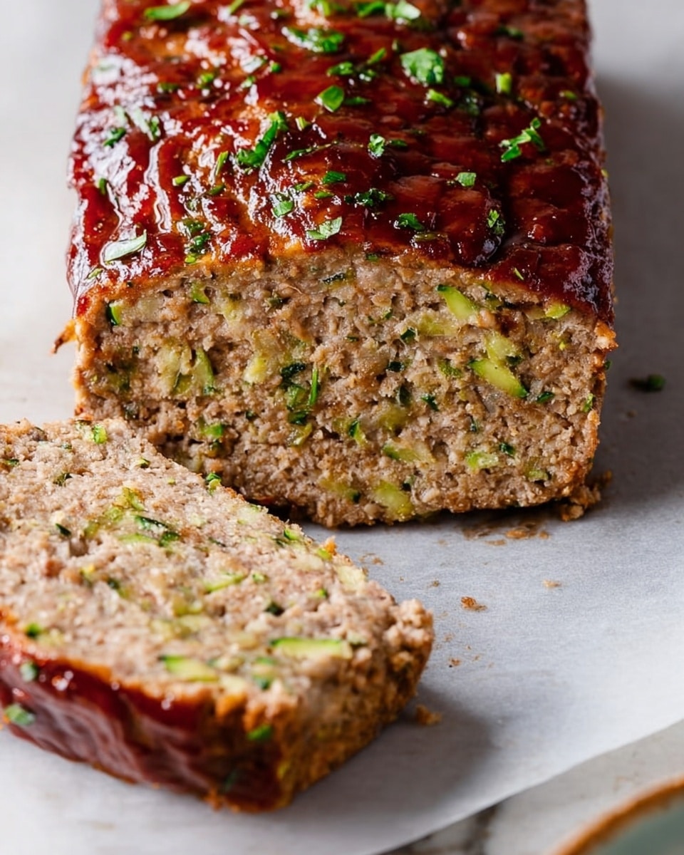 A close-up view of a sliced loaf of meatloaf resting on white parchment paper over a white marbled surface. The meatloaf has two main layers: the thick bottom layer is a beige-green mix with visible small bits of green zucchini and herbs throughout, showing a moist and slightly crumbly texture, while the top layer is a shiny, dark reddish-brown glaze spread evenly, with some chopped green herbs sprinkled on top. In front of the loaf, a single thick slice is positioned, showing the internal texture of mixed meat and zucchini with soft green flecks visible inside. Photo taken with an iphone --ar 4:5 --v 7