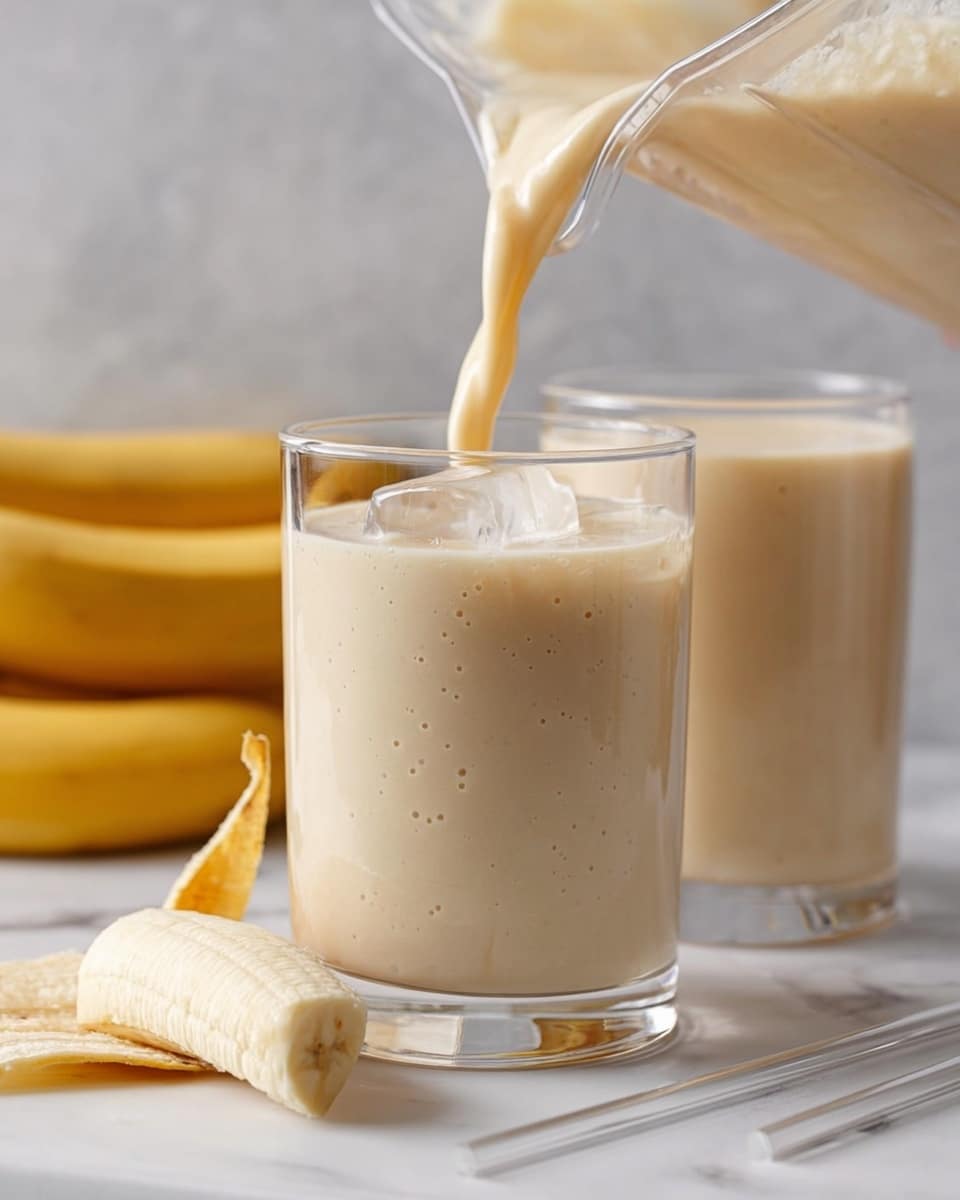 A clear glass filled with a light beige smoothie, showing two layers with smooth texture and one large, clear ice cube near the top. A creamy liquid is poured from a transparent blender container into the glass, creating bubbles on the surface of the smoothie. Behind this glass is a second, similar glass filled with the same smoothie. There is a peeled banana slice in the foreground and a bunch of whole bananas in the background, all set on a white marbled surface. Two clear straws lay beside the glasses. Photo taken with an iphone --ar 4:5 --v 7