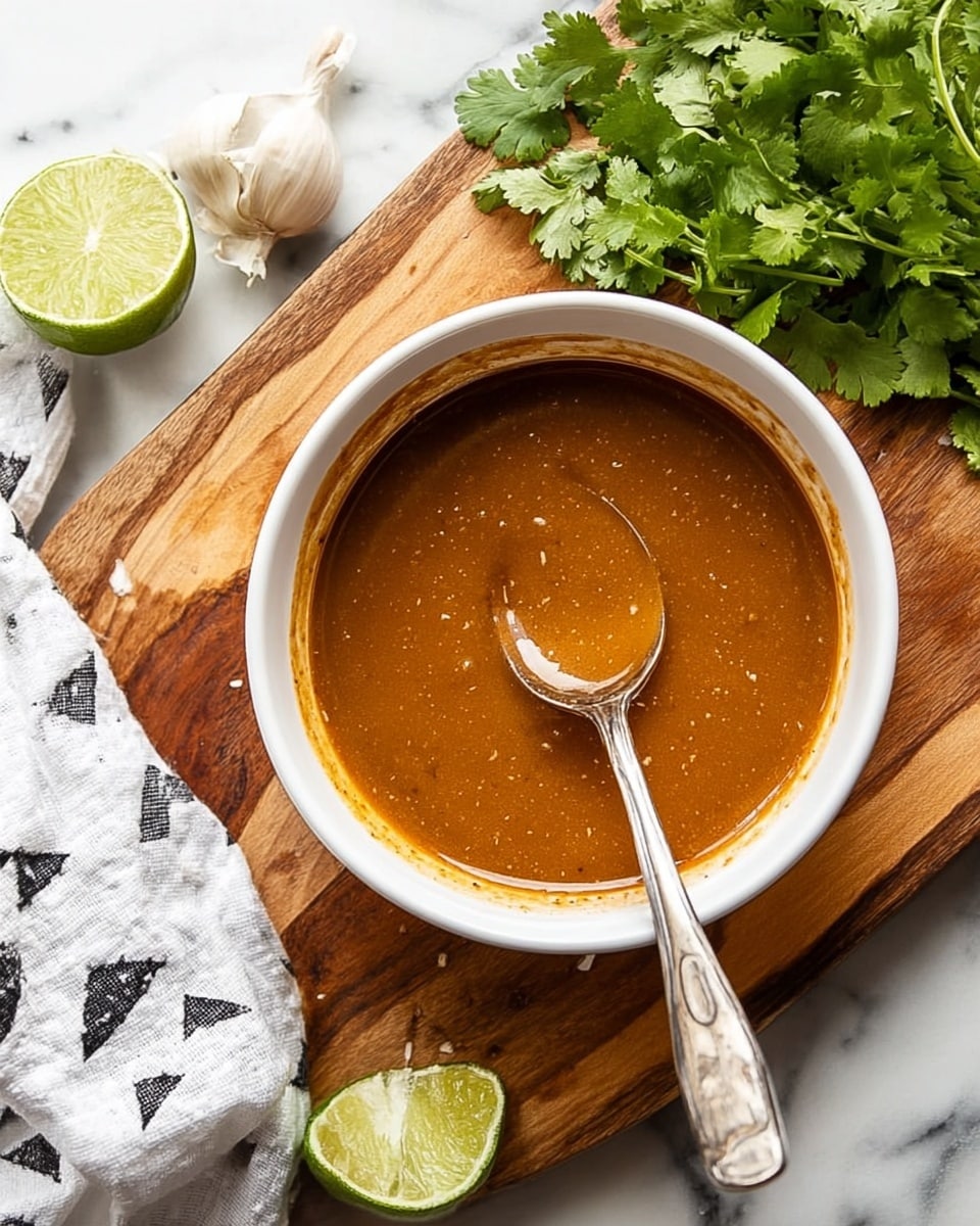 A white bowl filled with a smooth, thick brown sauce, with a silver spoon resting inside, coated with the sauce. The bowl sits on a wooden cutting board placed over a white marbled surface. Around the bowl, there is a bunch of fresh green cilantro, a partially squeezed lime, a whole garlic bulb, and a white cloth with black triangular patterns. Photo taken with an iphone --ar 4:5 --v 7