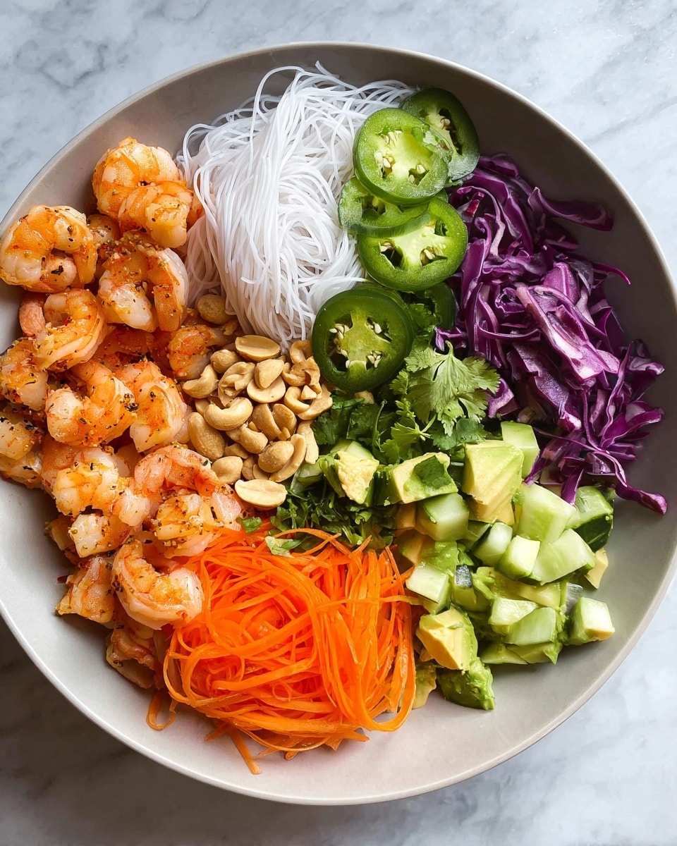 In a large white bowl, there are seven colorful layers arranged side by side. Starting from the top left: cooked shrimp with a pinkish-orange color and slight seasoning, followed by white thin rice noodles with a soft texture. Next is a row of thin green jalapeño slices, then bright orange carrot ribbons that look fresh and crisp. Below the carrots are light brown peanuts scattered on the bowl. To the left of the peanuts are chopped cucumber pieces in varying green shades. Next to the cucumber are thin strips of purple cabbage, and finally, some green avocado chunks and herbs sit between the shrimp and cabbage sections. The bowl rests on a white marbled surface. photo taken with an iphone --ar 4:5 --v 7