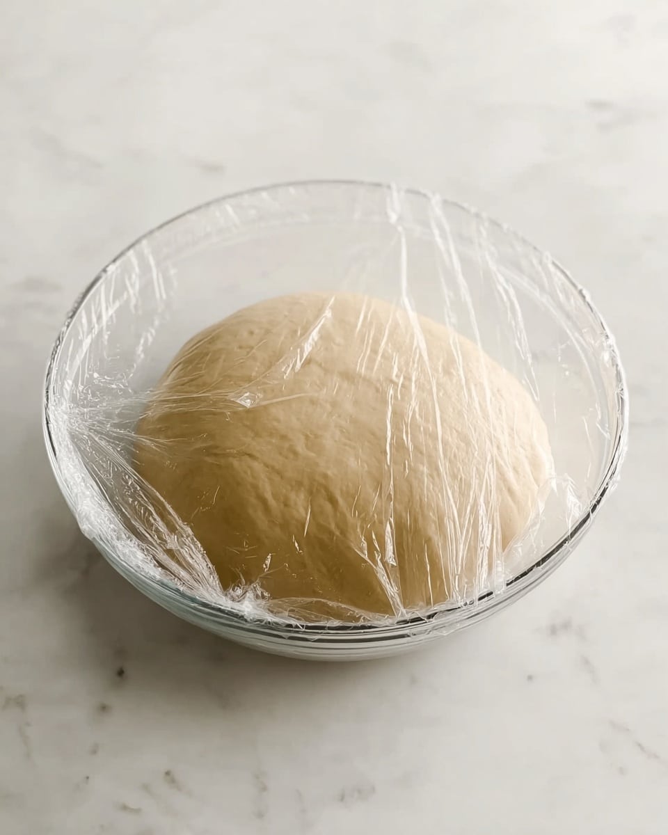 A clear glass bowl sits on a white marbled surface, holding a round ball of smooth, pale dough. The dough looks soft and slightly shiny, covering most of the bowl's bottom, and is covered lightly with a transparent plastic wrap draped over the top. The scene is simple and clean with soft lighting. photo taken with an iphone --ar 4:5 --v 7