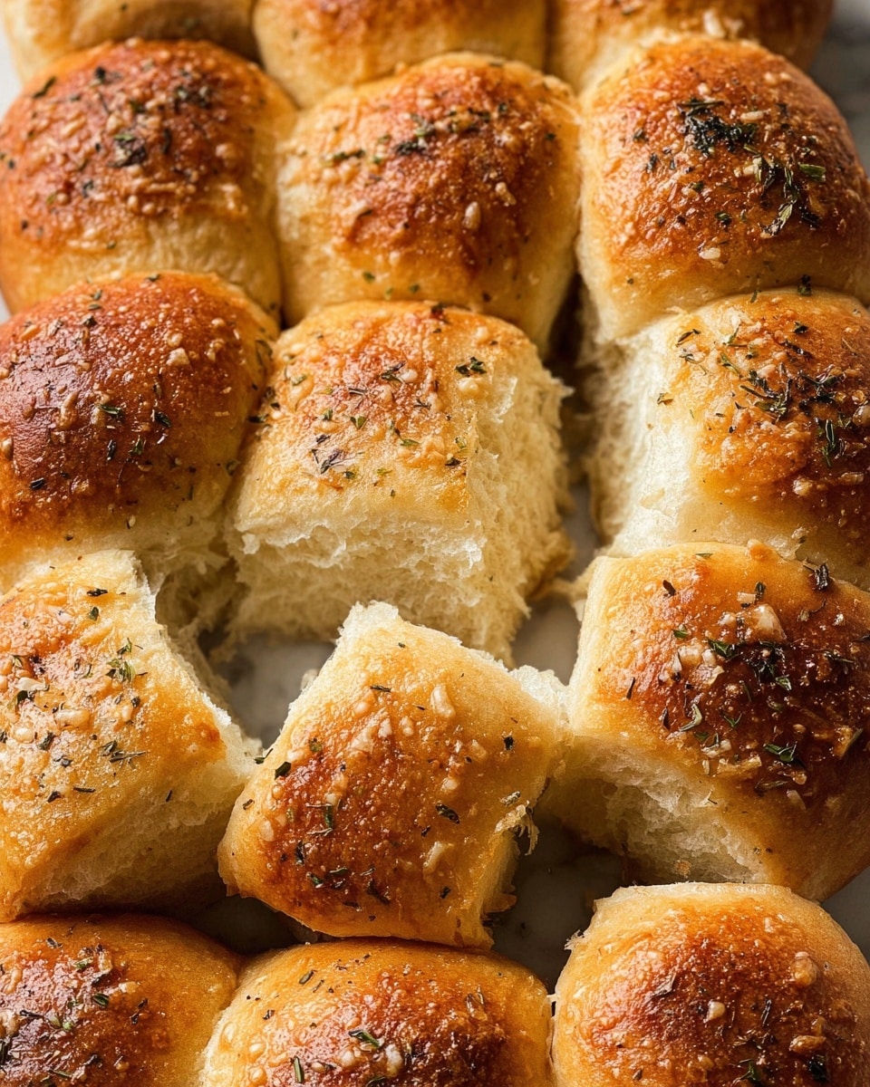 A close-up shot of soft, golden brown bread rolls arranged closely together on a white marbled surface. The rolls have a slightly shiny crust with a light sprinkling of toasted small flakes and green herb bits on top. The texture of the bread looks fluffy and light, with one roll pulled apart showing its soft, airy inside. The tops of the rolls show a mix of golden brown and light tan colors, giving a warm and fresh baked look. Photo taken with an iphone --ar 4:5 --v 7