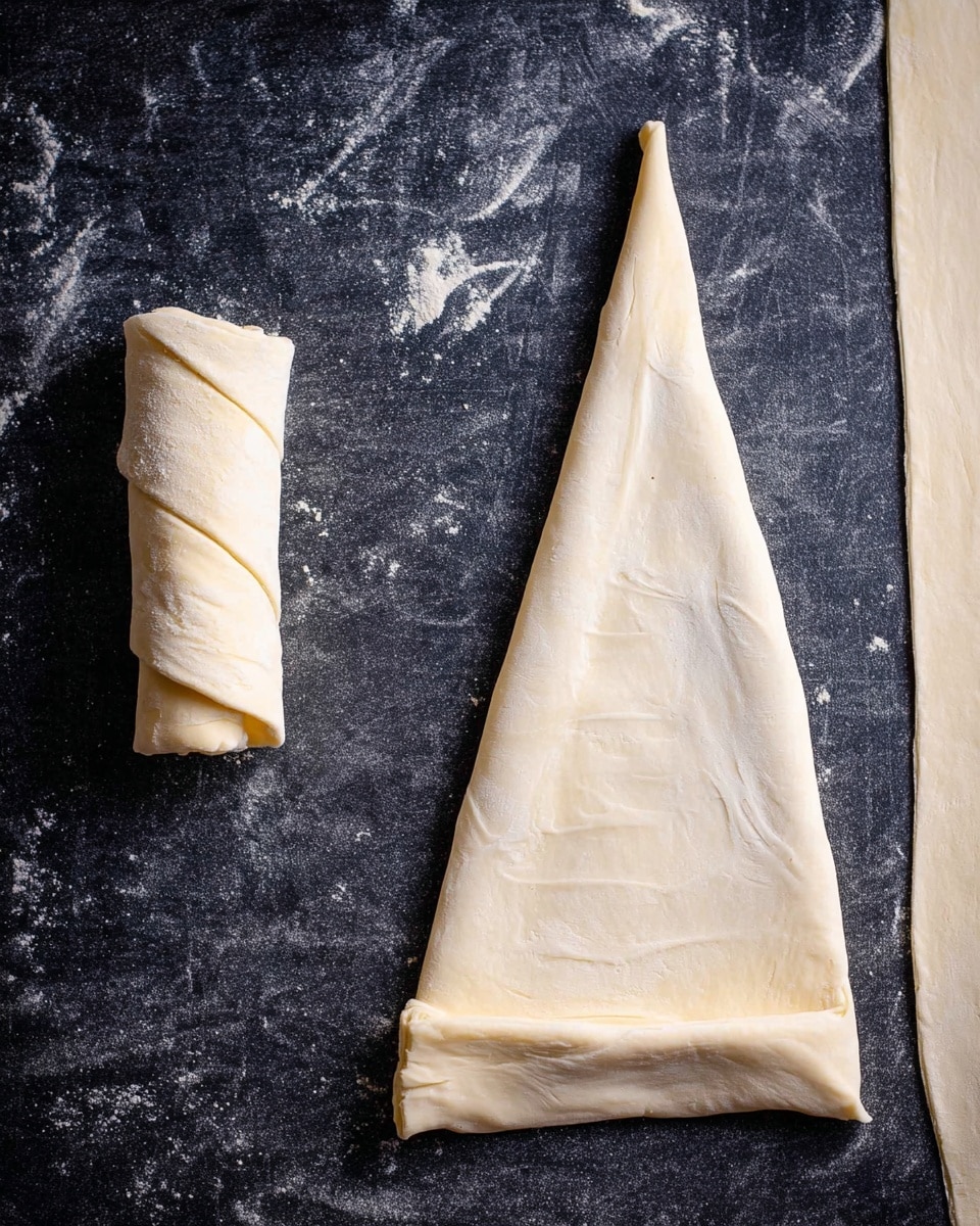 A large triangular sheet of thin, pale dough is laid flat on a dark surface with a white marbled texture, with the wider base at the bottom and a pointed tip at the top. The dough is folded neatly once along the bottom edge, creating a small layered cuff. To the left of the triangle is a small rolled-up piece of the same dough, showing multiple thin layers and a slight shine, indicating moisture or oil. The texture of the dough is smooth and slightly wrinkled. A large rectangular sheet of the same dough is partially visible on the right side of the image. photo taken with an iphone --ar 4:5 --v 7