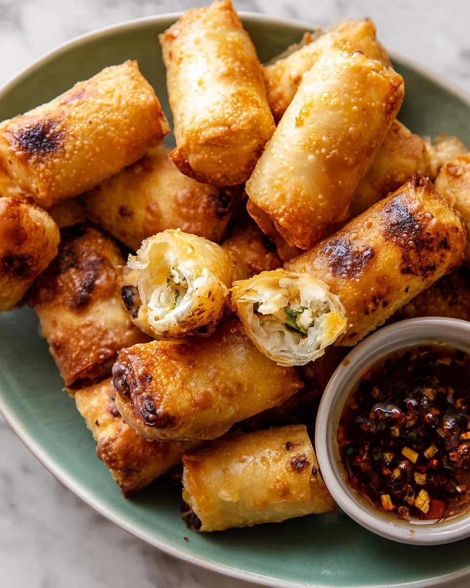 A white plate filled with several golden brown, crispy rolls that have a flaky texture and a few dark toasted spots on the surface. Some of the rolls are whole, while two are broken open to show a soft, white filling inside with green specks. The rolls are tightly packed and sit close to a small bowl of dark reddish-brown dipping sauce with visible specks of chili flakes. The plate is placed on a white marbled surface. Photo taken with an iphone --ar 4:5 --v 7