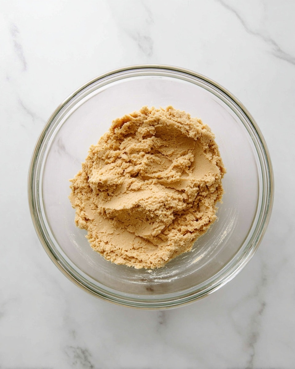 A clear glass bowl sits on a white marbled surface. Inside the bowl is a single thick layer of light brown dough with a slightly rough and grainy texture. The dough is spread unevenly but mostly centered in the bowl, showing some small ridges and soft peaks around its edges. The bowl is transparent, allowing the dough’s texture and color to be clearly seen through the sides and bottom. photo taken with an iphone --ar 4:5 --v 7
