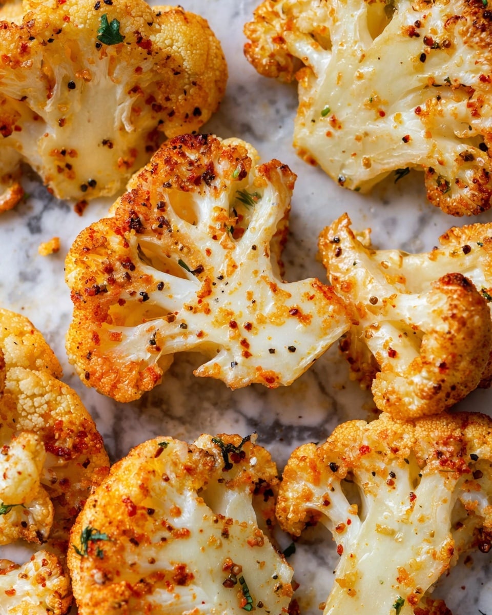 The image shows several pieces of roasted cauliflower florets on a surface with white marbled texture. Each cauliflower piece is well-cooked and appears golden brown with a slightly crispy texture, speckled with black pepper and small bits of herbs. The color ranges from creamy white inside the florets to a rich, toasted orange-gold on the outer edges. The florets are arranged close together, filling the image with a warm and appetizing blend of colors and textures. Photo taken with an iphone --ar 4:5 --v 7