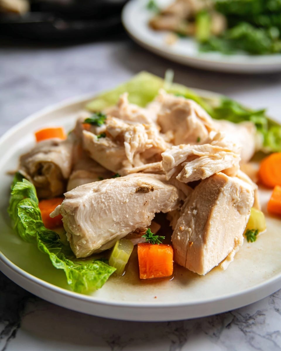 A white plate holds several large pieces of light beige cooked chicken with soft texture, mixed with small chunks of bright orange carrot and pale green celery placed underneath the chicken. The plate is on a white marbled surface with a blurred background showing a white plate with some food and some greens. The photo taken with an iphone --ar 4:5 --v 7