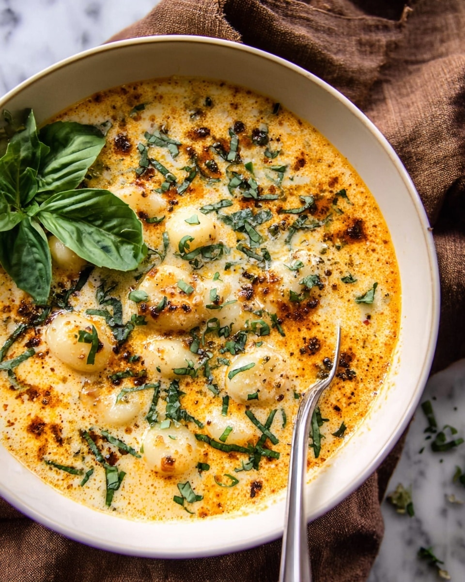 The image shows a round white bowl filled with creamy soup that has a light orange and yellow color with darker toasted spots on top. The soup contains small white gnocchi pieces and is sprinkled with chopped fresh green herbs all over. There is a fresh green basil leaf placed near the center on top. A silver spoon is partially dipped in the soup at the side of the bowl. The bowl is sitting on a brown cloth against a white marbled background. photo taken with an iphone --ar 4:5 --v 7