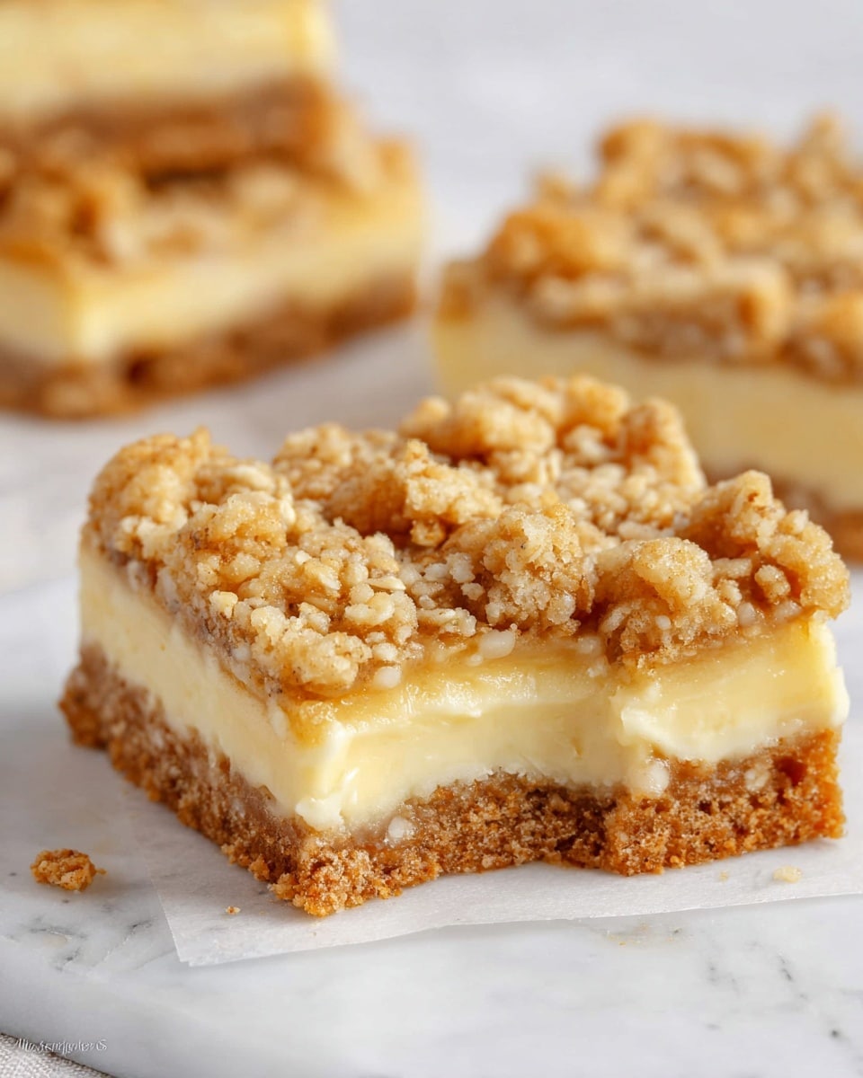 The image shows a crumb bar with three visible layers on a white marbled surface. The bottom layer is a firm, golden crust with a slightly rough texture. Above it is a smooth, creamy pale yellow layer that looks soft and thick. The top layer is a crumbly, golden-brown mixture with small chunks and oats scattered across, giving a crunchy appearance. One bar in the foreground has a bite taken out, showing the contrast between the creamy middle and the crumbly top and bottom layers. In the background, there is a blurred view of another full bar. Photo taken with an iphone --ar 4:5 --v 7