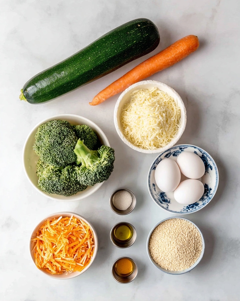 The image shows several fresh and dry ingredients arranged on a white marbled surface. At the top center, there is a whole green zucchini and a whole orange carrot placed side by side. Below them on the left, a small bunch of green broccoli with visible florets is placed. To its right, there is a white bowl filled with finely shredded pale yellow cheese. Next to it, on the right side, two white eggs rest in a small white bowl with a blue floral pattern. Below the cheese, a small white bowl contains shredded orange cheese strips. To the right of this, another white bowl holds light beige breadcrumbs. At the bottom, there are four small metallic cups placed in a line, each holding different seasonings and a small amount of golden liquid in the last cup. The whole scene is neat, bright, and placed on a clean white marbled surface. photo taken with an iphone --ar 4:5 --v 7