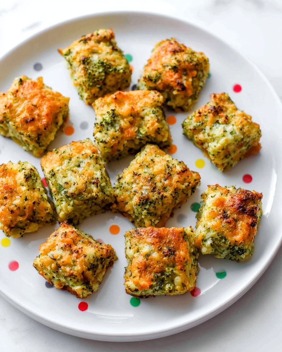 The image shows a white plate with small, square-shaped baked broccoli and cheese bites arranged neatly in a circle. Each bite has a rough, textured surface with visible green broccoli bits mixed with melted orange cheese, giving them a colorful and crispy look. The bites are golden brown on the edges, suggesting they are well cooked with a crunchy outside and soft inside. The white plate has scattered, small, colorful polka dots that add a playful touch, and the background is a white marbled texture. photo taken with an iphone --ar 4:5 --v 7