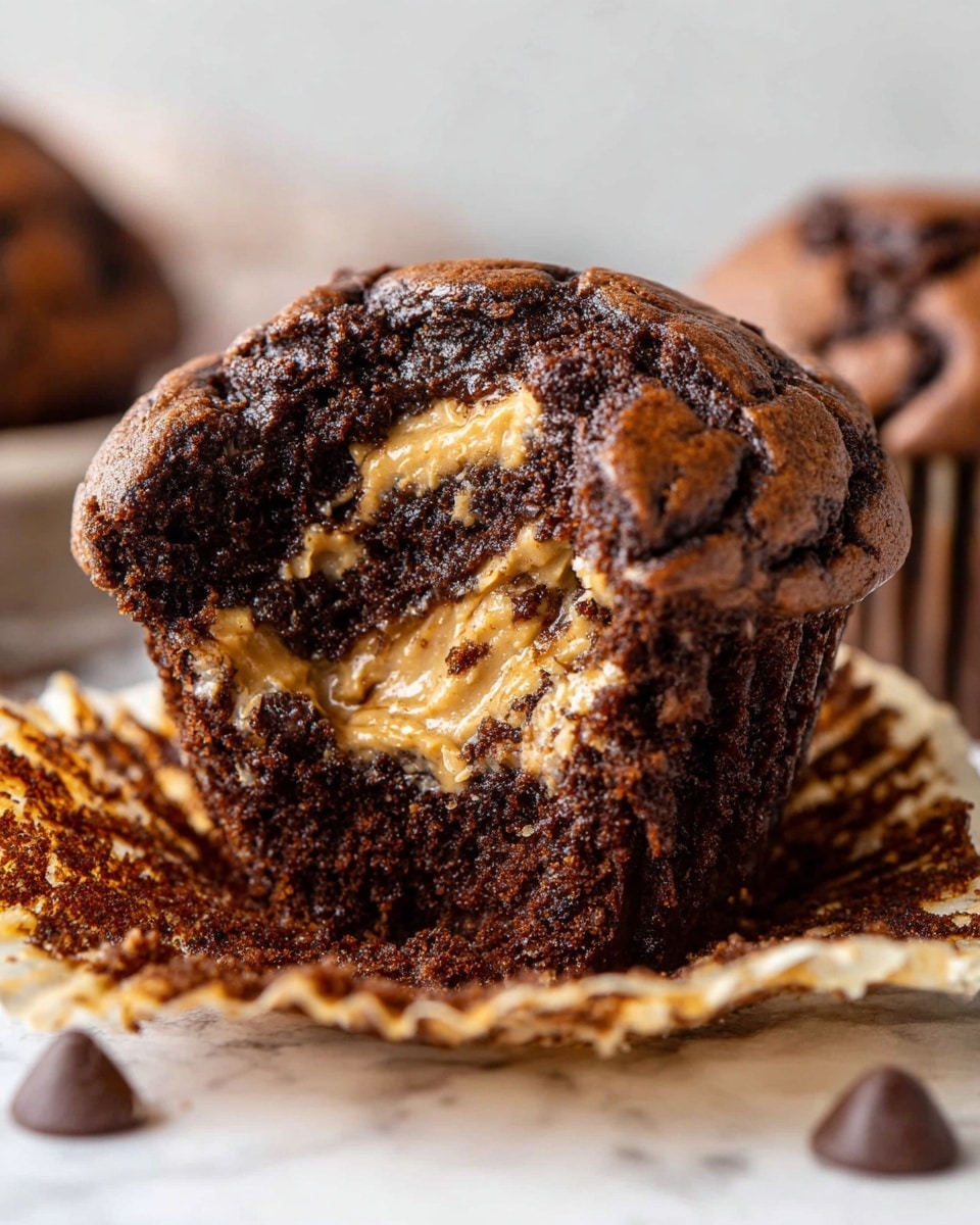 The image shows a close-up of a chocolate muffin with a cracked top, revealing a soft, moist dark brown inside. Inside the muffin, there is a creamy light brown layer of peanut butter filling, visible in the center and slightly melting. The muffin wrapper is pulled down around the base, showing a crinkled paper texture in light brown. There are a few dark chocolate chips scattered on the white marbled surface around the muffin. The background is softly blurred, focusing attention on the muffin. Photo taken with an iphone --ar 4:5 --v 7