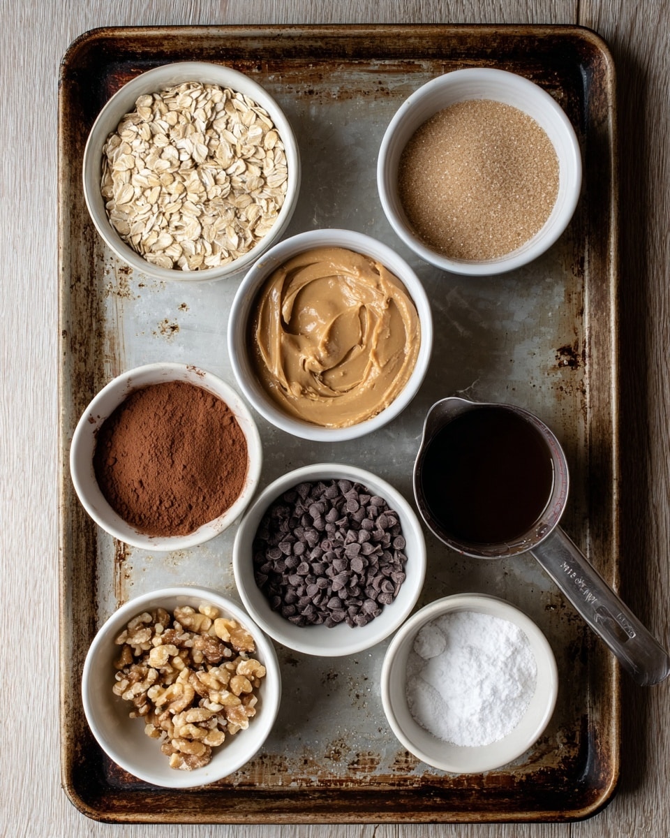 The image shows eight small white bowls and a measuring cup placed on a rustic baking tray with a worn metal look. At the top left is a bowl filled with beige rolled oats, next to it on the right is an empty white bowl. Below the oats bowl is a bowl with light brown sugar, and next to it on the right is a larger bowl of creamy peanut butter with a smooth texture. To the right of the peanut butter is a metal measuring cup with dark brown liquid inside. Beneath the sugar bowl is a bowl containing cocoa powder with a rich brown color, and next to it is a small white bowl with coarse chopped walnuts. Above the walnuts is a bowl filled with dark chocolate chips. In the center is a very small bowl of white baking powder or baking soda. The setup sits on a wooden surface, but the background is altered to have a white marbled texture. photo taken with an iphone --ar 4:5 --v 7