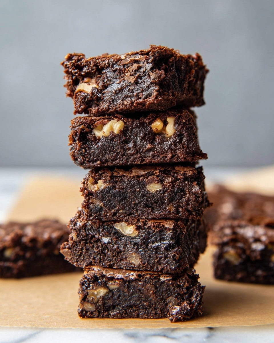 A stack of five dark brown brownies with a rough, crumbly texture is shown, each layer filled with visible light tan walnut pieces. The edges of the brownies are slightly crispy with a moist, dense center. They are placed on light brown parchment paper over a white marbled surface, with another single brownie piece blurred in the background. The overall look is rich and chewy. photo taken with an iphone --ar 4:5 --v 7