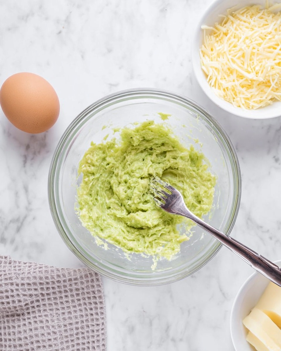A clear glass bowl sits on a white marbled surface. Inside the bowl is a mashed green mixture with a soft, creamy texture, pressed slightly by a silver fork resting in the bowl. To the left of the bowl, a whole egg in a light brown shell and a small white bowl filled with pale yellow shredded cheese are placed. A light gray waffle-textured cloth is partially visible at the bottom left corner. The image is bright and clean, highlighting the fresh ingredients. photo taken with an iphone --ar 4:5 --v 7