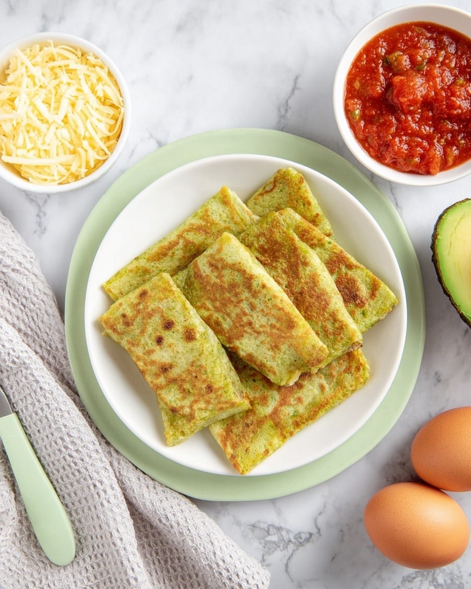 The image shows a white plate with a light green rim holding seven rectangular greenish-brown pancakes stacked loosely, each with uneven brown spots and a slightly rough texture, placed on a white marbled surface. Around the plate, there is a small white bowl of shredded pale yellow cheese on the left, a white bowl of red salsa with visible chunks on the right, two brown eggs on a white cloth at the bottom right, and a half avocado with smooth green flesh placed behind the cheese bowl. A light gray waffle-textured towel and a light green fork are also visible on the left side. photo taken with an iphone --ar 4:5 --v 7