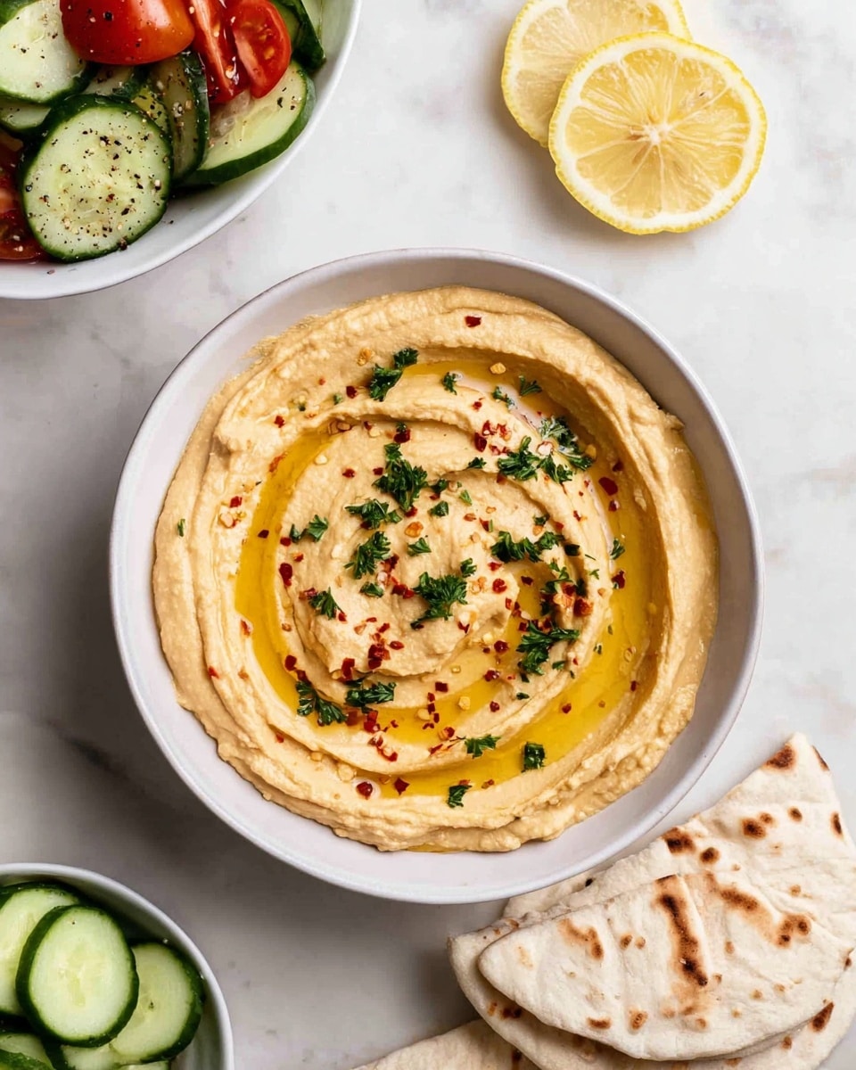 A white bowl filled with creamy hummus that has a smooth, slightly swirled texture. The hummus is light tan in color with a drizzle of golden olive oil pooling in the center. Sprinkled over the top are small bits of chopped green parsley and red chili flakes. To the right, there are four pieces of white pita bread with light brown spots stacked partially overlapping each other on a white marbled surface. Nearby, two thin lemon slices add a pop of bright yellow color. In the top left corner, there is a white bowl filled with a fresh salad of green cucumber pieces and bright red tomato chunks with a light sprinkle of black pepper. A few slices of cucumber are laid out on the white marbled surface near the bottom left side. Photo taken with an iphone --ar 4:5 --v 7