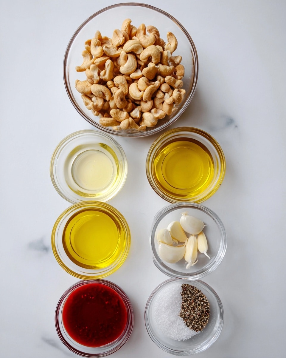 This image shows seven clear glass bowls arranged in a neat vertical pattern on a white marbled surface. At the top is a larger bowl filled with light brown cashew nuts that have a smooth texture. Below it, two smaller bowls are placed side by side; the left one has a light yellow translucent liquid while the right one is empty and clear. Next, two more bowls are side by side; the left contains a golden yellow oily liquid, and the right has two whole garlic cloves on a clear base. At the bottom, two more bowls are side by side; the left holds a thick, deep red sauce, and the right contains a mix of white salt and black pepper piles. Photo taken with an iphone --ar 4:5 --v 7