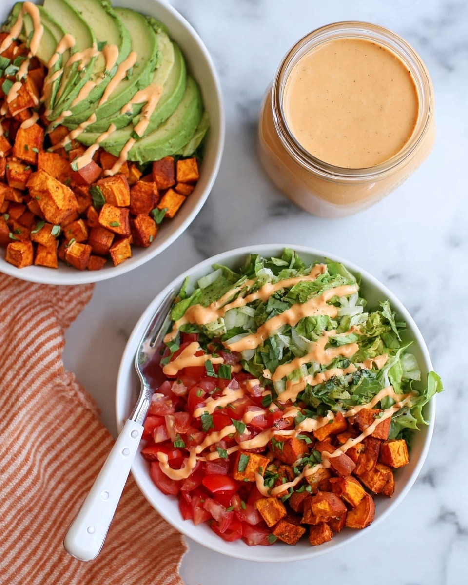 The image shows two white bowls filled with a colorful salad, placed on a white marbled surface. Each bowl has four main layers: diced orange roasted sweet potatoes on the bottom left, green sliced avocado arranged in a fan shape on the top left, red chopped tomatoes in the center, and bright green shredded lettuce on the right side. A light orange creamy dressing is drizzled over all the layers, and small green herb bits are sprinkled over the sweet potatoes and lettuce. A wooden spoon with a white handle is inside the front bowl. Next to the bowls is a glass jar filled with the same light orange dressing, smooth and thick in texture. photo taken with an iphone --ar 4:5 --v 7