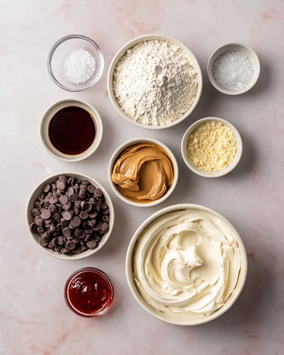 A top view of eight white bowls placed on a white marbled surface, each containing a different ingredient. The largest bowl in the bottom right contains smooth, thick white cream with soft swirls. To its left is a small bowl with dark brown vanilla extract. Above the cream, a medium bowl holds white flour with a powdery texture. On the far right above the flour is a bowl with light brown peanut butter, smooth with visible soft ridges. Below the peanut butter, a small bowl contains grainy white salt. Next to it, a small glass bowl is filled with clear water. Above the water bowl, a large bowl is filled with dark chocolate chips that have a matte finish. To the top right of the chocolate bowl, a small bowl contains a crumbly, pale yellow powder. Finally, the top left bowl has shiny, thick red syrup. The bowls are evenly spaced in a neat arrangement. Photo taken with an iphone --ar 4:5 --v 7