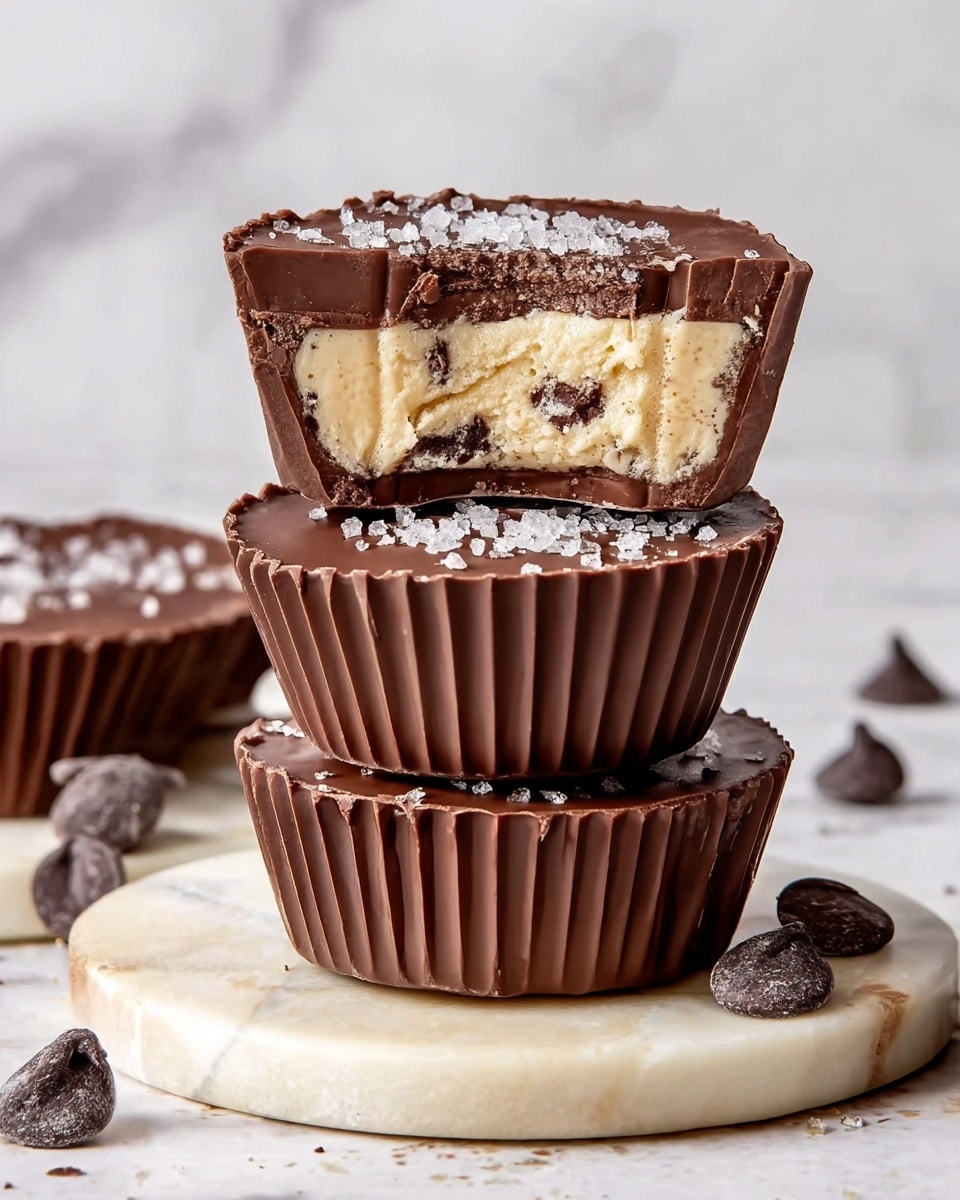 A stack of three chocolate cups is shown, with the top one cut in half to reveal its inside layers. The outer layer is dark brown chocolate, smooth and firm, forming the shape of a cup with a deep ridged texture. Inside, there is a creamy beige filling with small dark brown bits mixed in, giving a soft and slightly chunky texture. The top of the chocolate cup is sprinkled with coarse white salt flakes, adding contrast. The stack sits on a round white marble board with some scattered dark chocolate chips nearby. The background is a white marbled texture. photo taken with an iphone --ar 4:5 --v 7