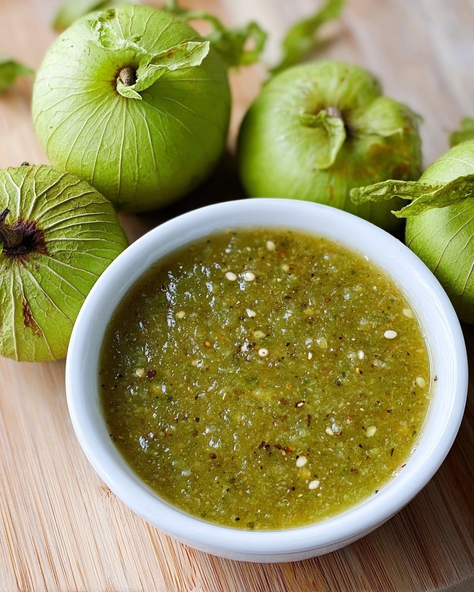 A white bowl filled with thick green salsa that shows small bits of seeds and spices mixed inside, placed on a light wooden surface. Next to the bowl are four fresh round green tomatillos with papery husks partially peeled back, showing the ribbed texture and stems. The colors in the salsa are an earthy green with flecks of white seeds and dark specks spread evenly. The tomatillos have a shiny surface with light green and pale markings. photo taken with an iphone --ar 4:5 --v 7