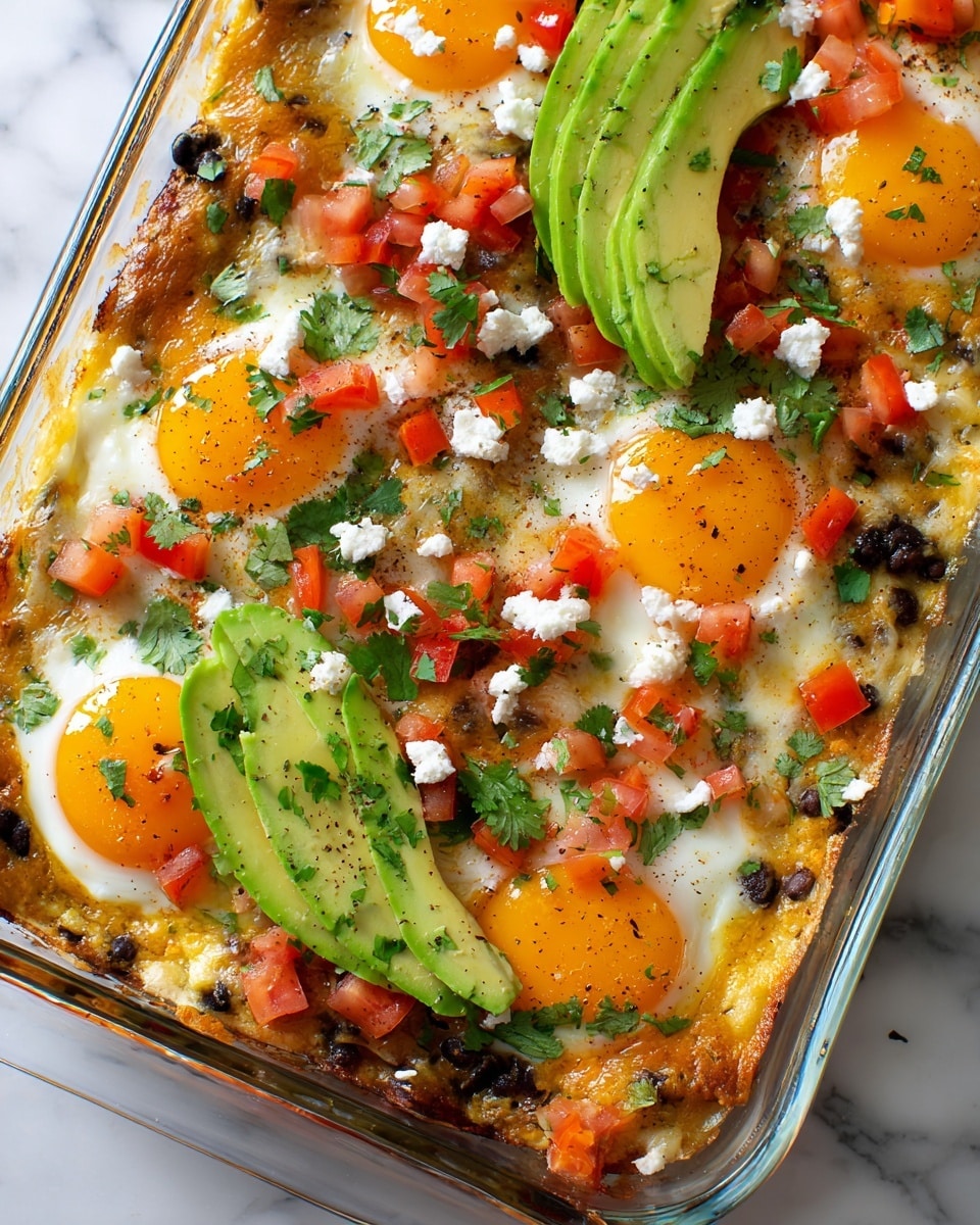 The dish is shown in a clear glass baking dish filled with layers, starting with a base of lightly browned tortilla or flatbread at the bottom. On top, there is a layer of melted cheese mixed with black beans and some cooked vegetables, giving a warm yellow-orange and black patchy texture. Several sunny-side-up eggs with bright orange yolks and soft white edges are evenly placed on top, partially touching each other. Over the eggs and cheese layer, there are scattered chunks of diced red tomatoes and finely chopped cilantro sprinkled all over. Slices of fresh creamy green avocado fan out across the dish. Crumbled white cheese bits and whole black beans are sprinkled on top, adding pops of white and dark round shapes. The background is a white marbled texture. photo taken with an iphone --ar 4:5 --v 7