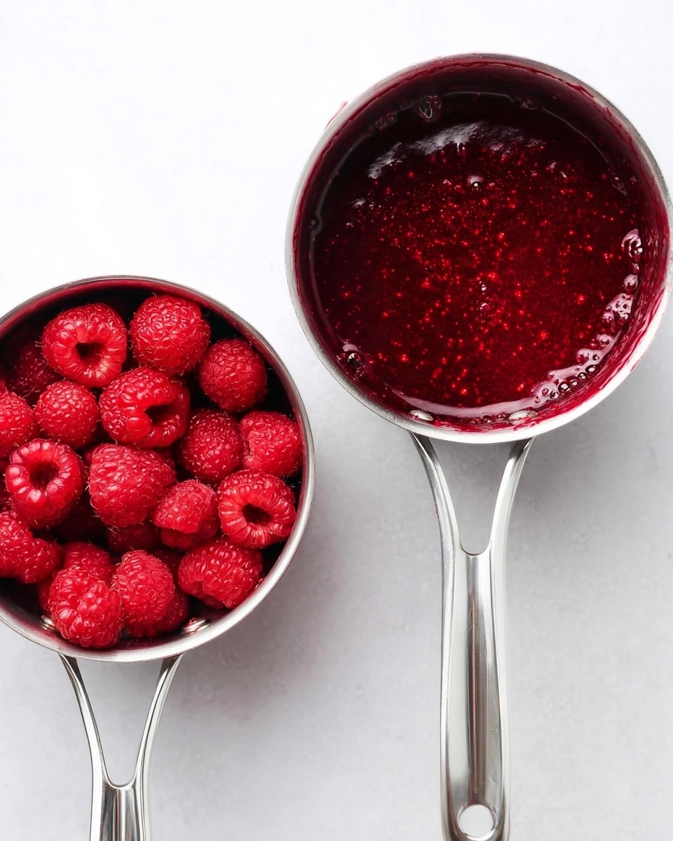 The image shows two small metal saucepans on a white marbled surface. The left saucepan is filled with whole fresh red raspberries, with visible textured surfaces and hollow centers. The right saucepan contains a thick, deep red raspberry sauce with a slightly chunky texture, showing small seeds and bubbles on the surface. Both saucepans have shiny handles pointing downwards. photo taken with an iphone --ar 4:5 --v 7