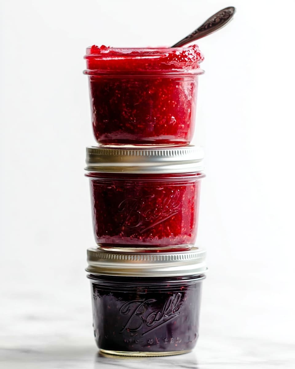 The image shows three clear mason jars stacked vertically on a white marbled surface. The top jar is open and filled with bright red jam that has a textured, slightly chunky look, with a dark metal spoon sticking out. The middle jar is sealed with a silver lid and filled with a similar bright red jam, showing visible fruit pieces inside. The bottom jar is also sealed with a silver lid and contains a darker jam, almost black in color, which looks thick and smooth. The jars have embossed text and silver lids, all placed against a clean white marbled background. photo taken with an iphone --ar 4:5 --v 7
