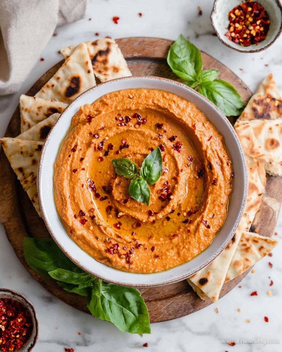 A white bowl filled with smooth orange-red dip shaped in a spiral, drizzled with golden oil and sprinkled with red chili flakes, topped with two small fresh green basil leaves in the center. The bowl sits on a round wooden board surrounded by pieces of lightly charred pita bread arranged unevenly. Fresh green basil leaves and small bowls containing red pepper flakes and other spices appear scattered on a white marbled surface around the board. photo taken with an iphone --ar 4:5 --v 7