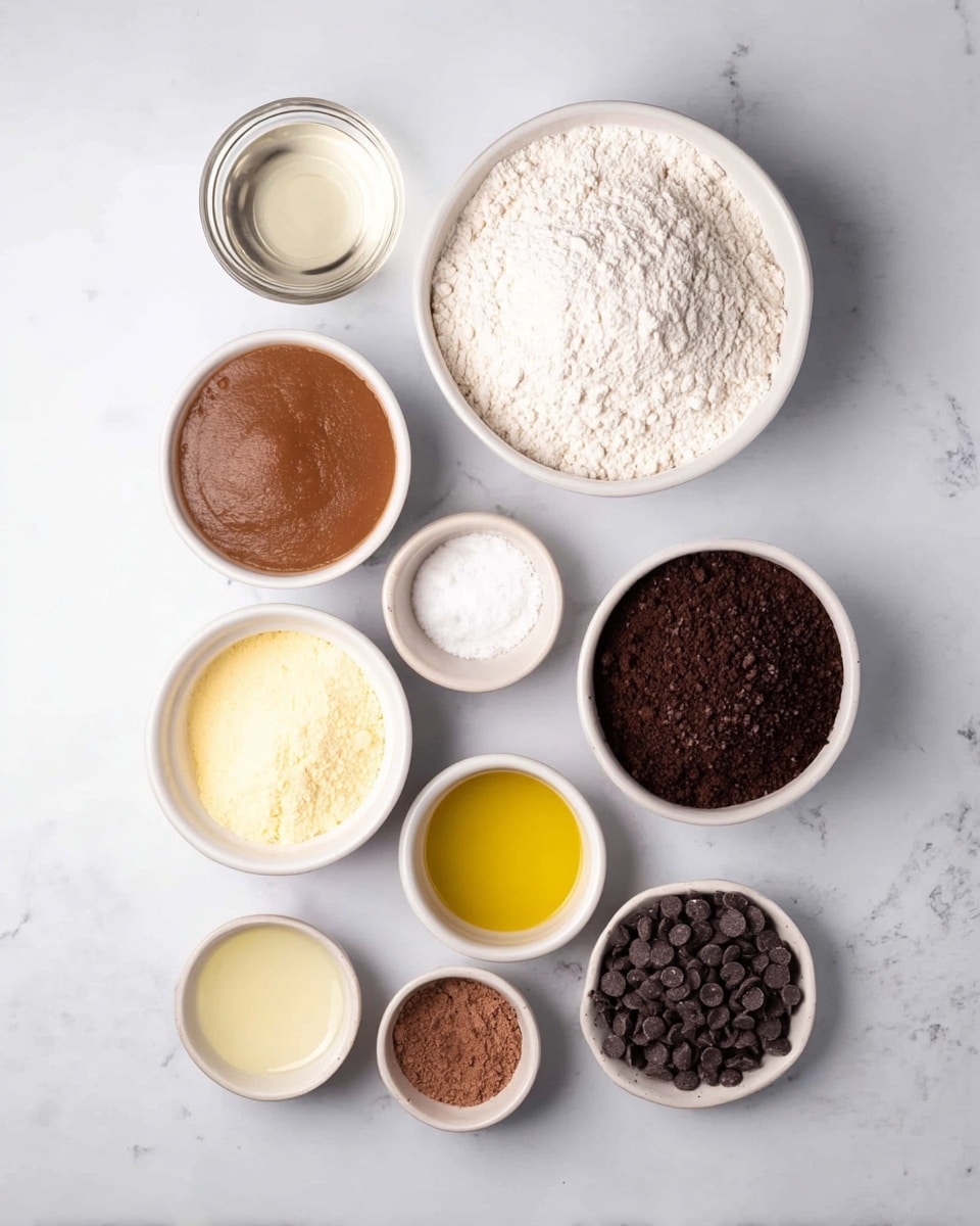 Several white bowls are arranged on a white marbled surface, each filled with different baking ingredients. From top to bottom and left to right, there is a small bowl with a clear liquid, a larger bowl filled with white flour, a bowl of light brown applesauce, a bowl with dark brown cocoa powder, a bowl with chocolate chips, a small bowl with a pale yellow liquid like oil, a small bowl with white powder, another small bowl with dark brown granules that look like coffee or brown sugar, and a small bowl with a light brown liquid, possibly vanilla extract. The bowls vary in size and are neatly placed with the larger ones mostly near the center. photo taken with an iphone --ar 4:5 --v 7