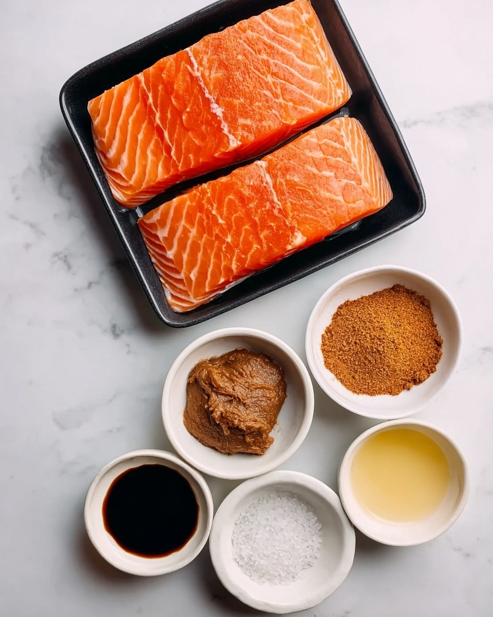 The image shows two raw salmon fillets with bright orange color and white lines on them, placed side by side in a small black tray. Below the tray, there are four small white bowls arranged in a loose square on a white marbled surface. The top-right bowl holds a thick brown paste, the top-left bowl contains a brown powder, the bottom-left bowl is filled with a dark soy sauce, and the bottom-right bowl has a light yellow liquid. A small white bowl containing a white granulated ingredient is also visible near the bottom of the frame. photo taken with an iphone --ar 4:5 --v 7
