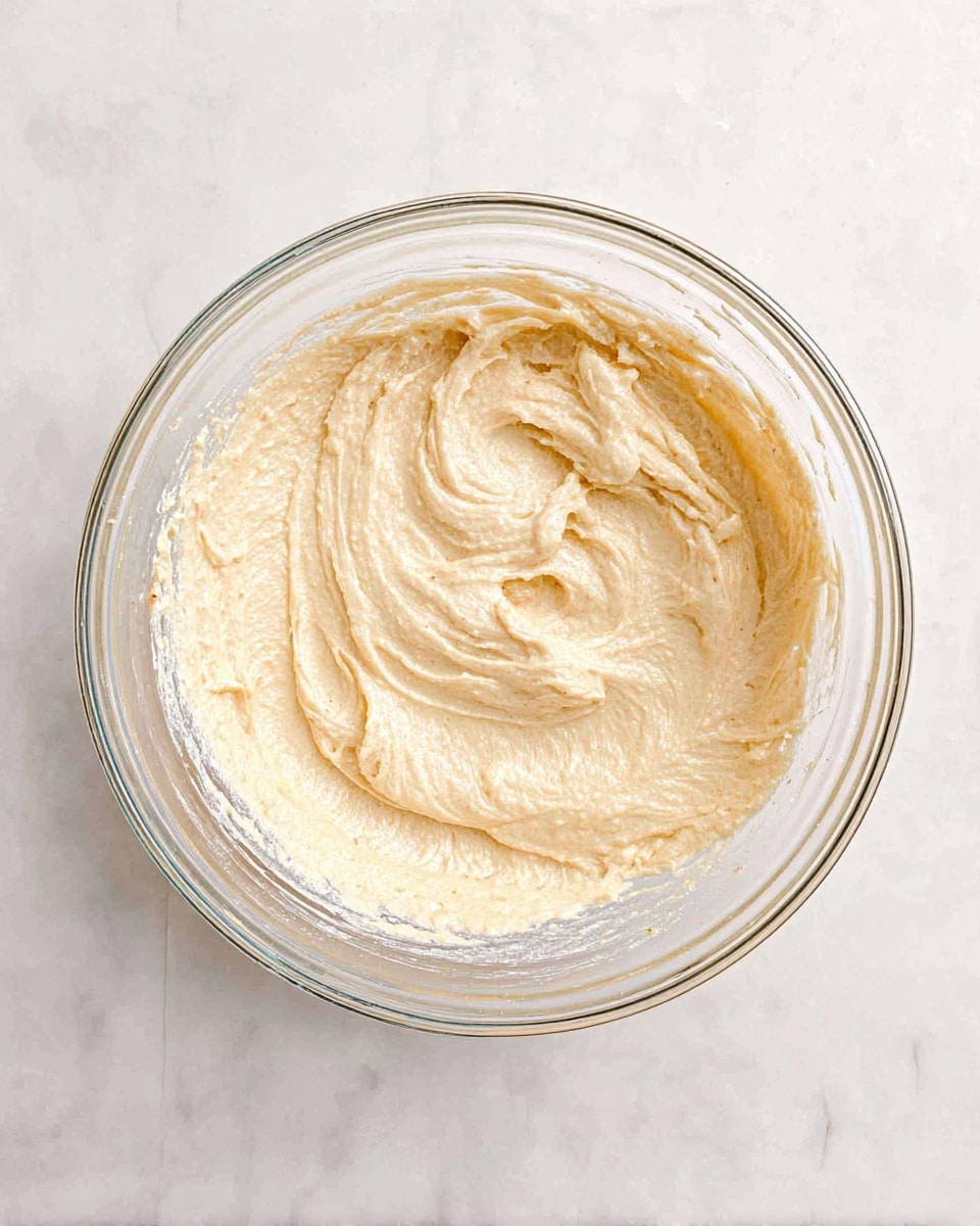 A clear glass bowl sits on a white marbled surface, filled with a thick, creamy batter that is light beige in color. The batter has a smooth texture with visible swirls and ridges from stirring, creating a soft, almost cloud-like appearance. The bowl is viewed from above, showing the even spread and consistency of the batter inside. photo taken with an iphone --ar 4:5 --v 7