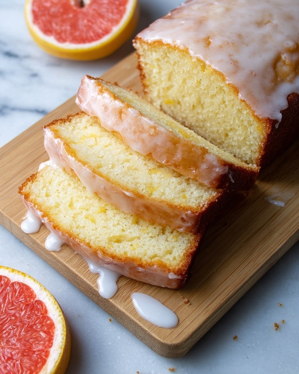 A loaf of light yellow cake with a soft, moist texture is sliced into three pieces and placed on a light wooden board. The top of the loaf is covered with a shiny, white glaze that drips slightly down the sides and onto the board, creating a glossy effect. A halved grapefruit with bright red segments and yellow skin is visible at the bottom left corner on a white marbled surface. The background is clean and simple, focusing attention on the cake and fruit photo taken with an iphone --ar 4:5 --v 7