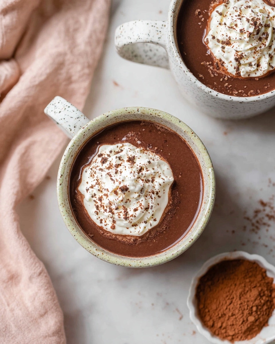 The image shows two white speckled mugs filled with smooth, dark brown hot chocolate. Each mug has a swirl of white whipped cream on top, sprinkled lightly with cocoa powder. The mugs rest on a white marbled surface, visible around the mugs and underneath a light pink cloth in the corner. A small white bowl filled with cocoa powder is also partially shown in the bottom right corner. The overall look is warm and inviting, with soft natural light highlighting the creamy textures and rich colors. photo taken with an iphone --ar 4:5 --v 7