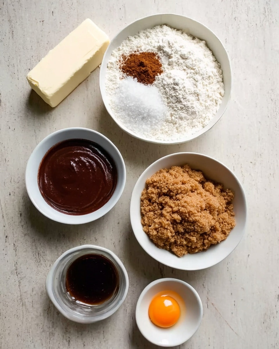 The image shows five white bowls arranged on a white marbled surface, each holding a different baking ingredient. The largest bowl at the top contains white flour with a small pile of brown cinnamon and white baking powder on one side. Below it, a second bowl is filled with packed brown sugar that looks soft and crumbly. To the left, a stick of butter partially unwrapped rests beside the bowls. Below the brown sugar is a small bowl with smooth, dark brown chocolate sauce. Next to it, there's a smaller bowl with a single bright orange egg yolk. At the bottom left corner, a tiny glass container holds a dark liquid, likely vanilla extract. All bowls are clean, and the ingredients are clearly visible. Photo taken with an iphone --ar 4:5 --v 7