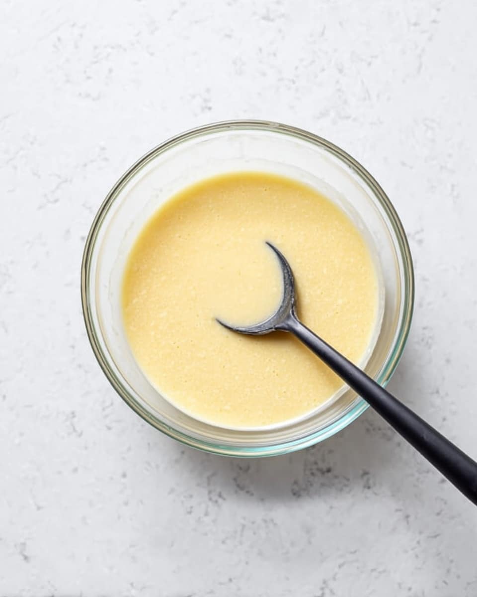 A clear glass bowl filled with a smooth, light yellow batter with a creamy texture sits on a white marbled surface. Inside the bowl, there is a black ladle resting with its handle extending outwards to the right side of the image. The batter fills slightly less than half of the bowl’s depth, showing a soft, even surface. Photo taken with an iphone --ar 4:5 --v 7