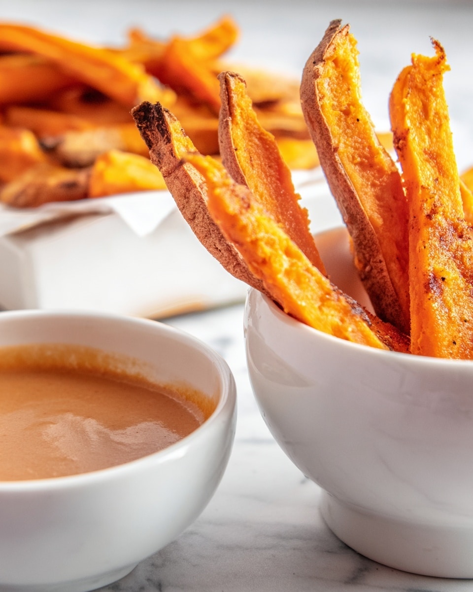 The image shows a close-up of several long sweet potato fries with a crispy, slightly browned texture and orange color, leaning partly inside a white bowl. In the foreground, there is another white bowl filled with a smooth, light brown dipping sauce, with the sauce reaching almost to the edge. The background features more of the fries in another white bowl, all placed on a white marbled surface. photo taken with an iphone --ar 4:5 --v 7