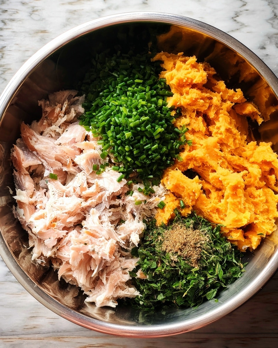 A round metal mixing bowl holds four main layers of ingredients arranged side by side. On the left, there is a pale pink layer of shredded cooked fish with soft flaky texture. Next to it, a bright green layer of finely chopped chives adds a sharp contrast. To the right of the chives, there is a fluffy, bright orange layer of mashed sweet potatoes or squash. In the lower center, a mix of darker green chopped fresh herbs sits beneath a sprinkling of light brown spices. The bowl is placed on a white marbled surface, with soft natural light shining from above, highlighting the colors and textures photo taken with an iphone --ar 4:5 --v 7