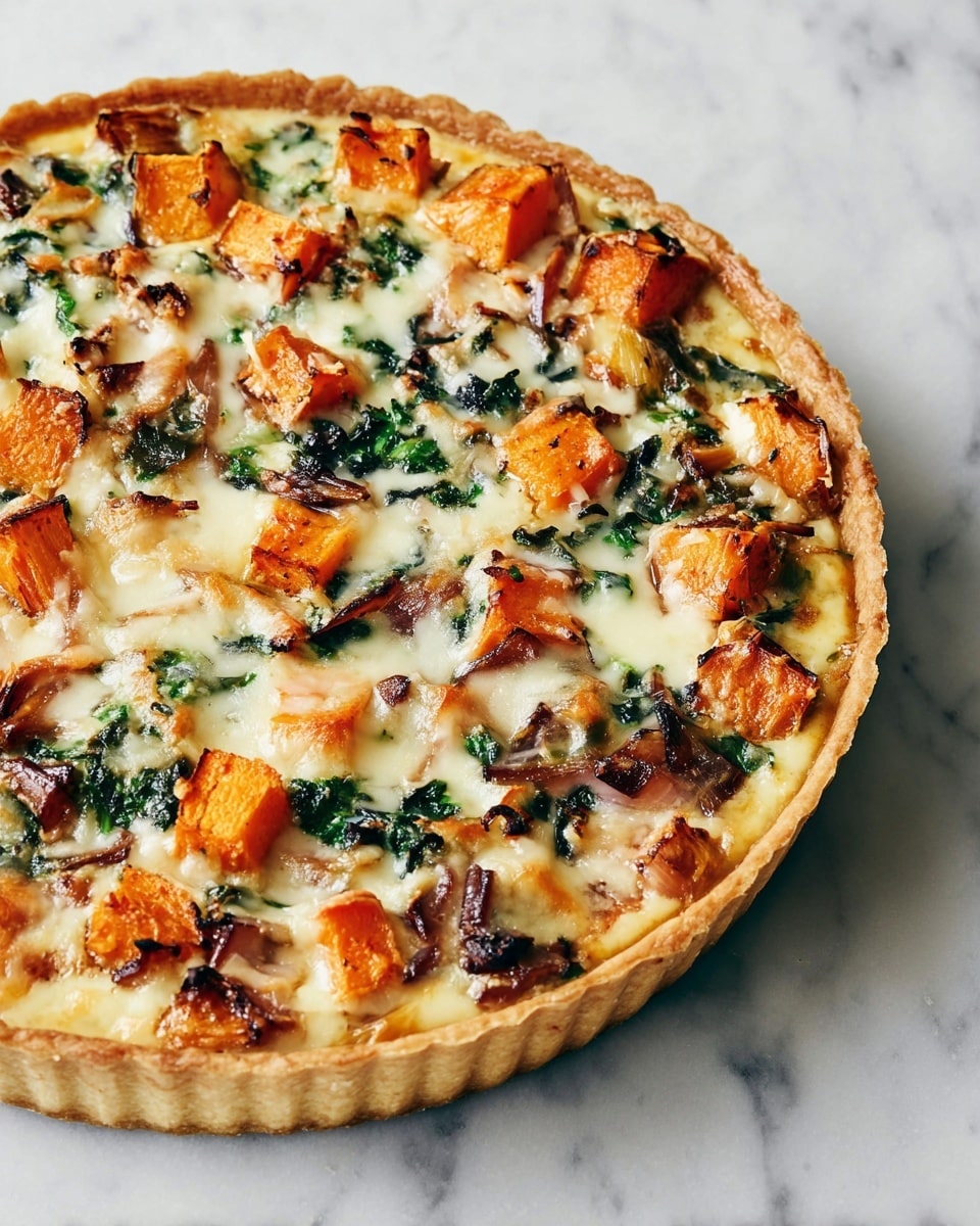 A round tart with a golden-brown crust forms the base layer, filled with a creamy, pale yellow mixture. On top, there are three main layers: bright orange cubes of roasted vegetables, dark green wilted leafy bits, and browned caramelized pieces that look like onions or mushrooms. A thin layer of melted white cheese covers the top, slightly browned in places, blending all the ingredients together. The tart is set on a white marbled surface, showing a close-up view from above. photo taken with an iphone --ar 4:5 --v 7