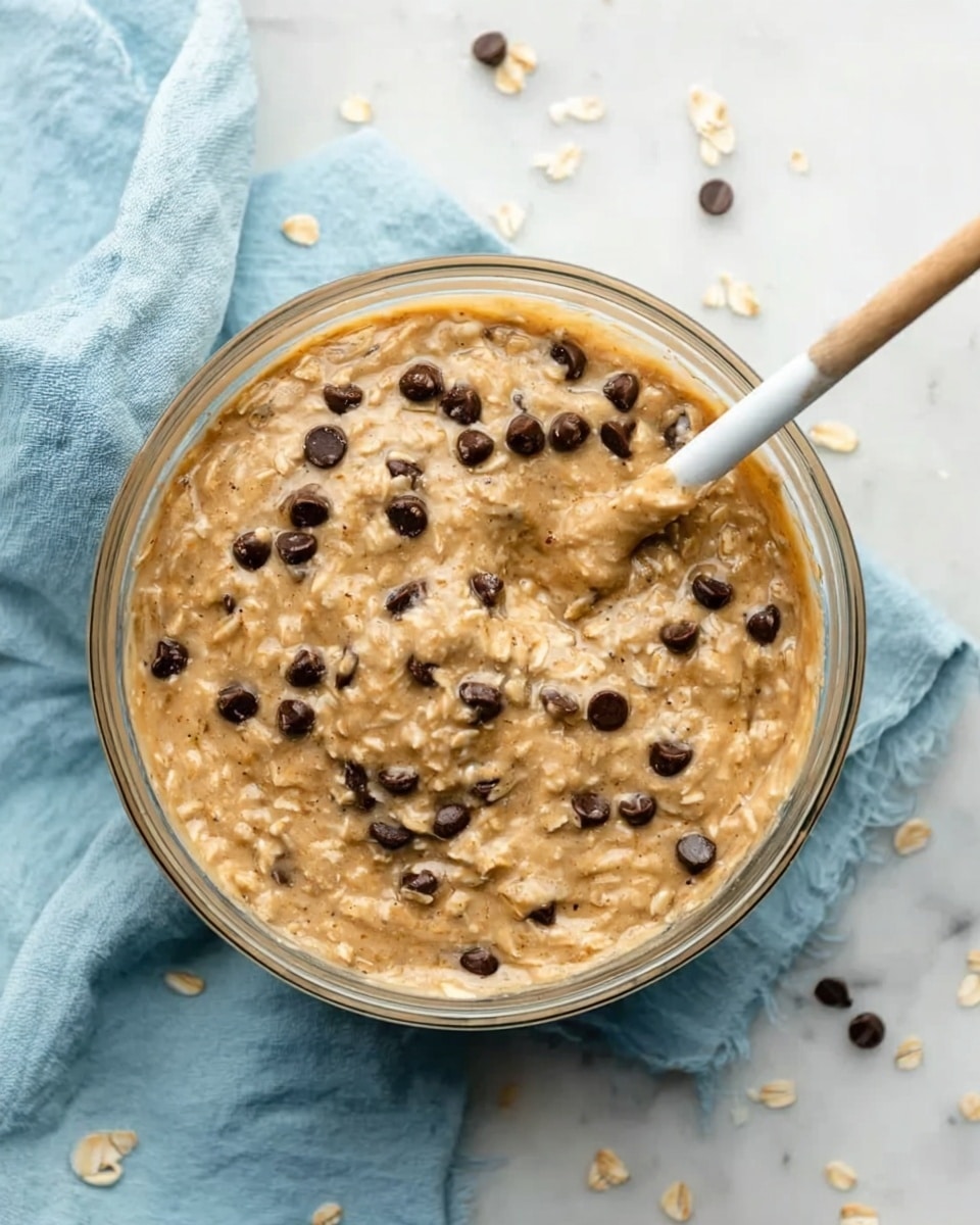 A clear glass bowl filled with a thick, beige batter mixed with light brown rolled oats and scattered dark chocolate chips. The oat flakes create a rough texture across the surface, while the chocolate chips add small, smooth, round dark spots. A white wooden spoon with a bit of batter on it rests inside the bowl on the right side. The bowl is placed on a soft blue cloth which lies on a white marbled surface, with a few oat flakes scattered around. photo taken with an iphone --ar 4:5 --v 7