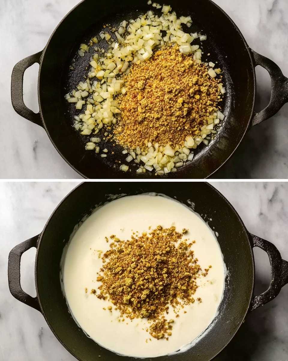 The image shows two photos stacked vertically, both featuring a black cast iron pan on a white marbled surface. The top photo has chopped onions sizzling in oil along the sides of the pan, with a large pile of golden-brown crushed or ground spice mixture placed in the center. The bottom photo shows the same pan, but now the crushed spice mixture is mixed slightly and spread along the pan edges, while creamy white liquid fills the center of the pan, creating a contrast with the darker spice mix around it. photo taken with an iphone --ar 4:5 --v 7