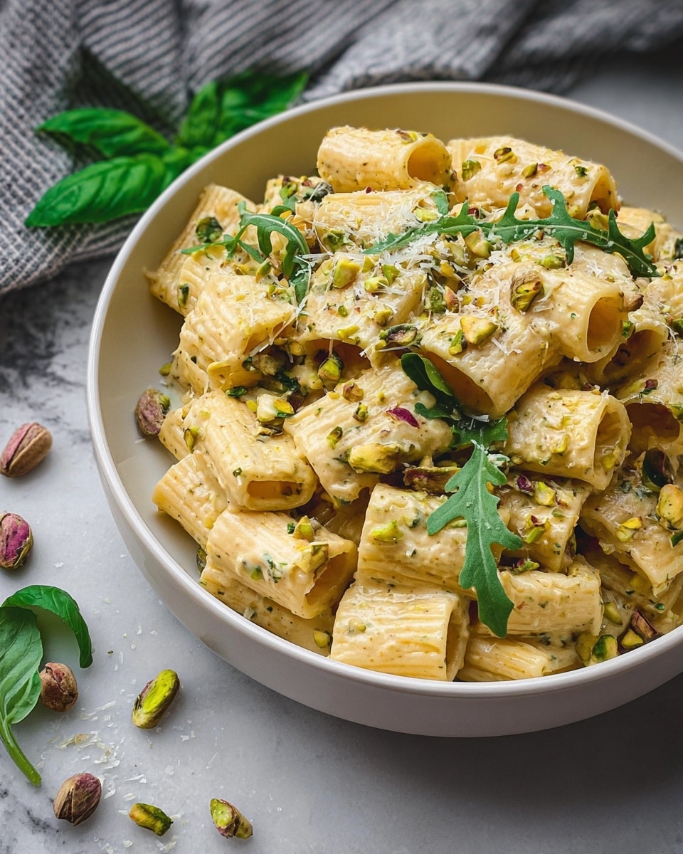 A close-up of creamy pasta served in a white bowl filled with rigatoni pasta coated in a pale yellow creamy sauce with specks of crushed nuts and herbs, scattered with bright green arugula leaves and pistachio nuts throughout. The pasta is piled high, showing the tube shapes with sauce inside and outside. The bowl is placed on a white marbled surface with some pistachio nuts and grated cheese sprinkled around it. In the background, there is a soft gray and white striped cloth and fresh green basil leaves, adding fresh color. Photo taken with an iphone --ar 4:5 --v 7