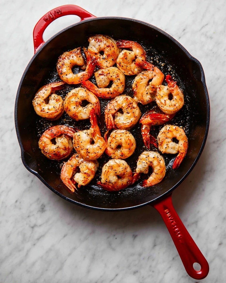 A black cast iron skillet with a red handle sits on a white marbled surface, filled with thirteen cooked shrimp arranged in a circular pattern. The shrimp are orange-pink with some parts slightly browned from cooking, showing a lightly charred texture with visible black pepper seasoning. The skillet's shiny black surface contrasts with the shrimp's bright colors, and the red handle adds a pop of color on the top right side of the image. Photo taken with an iphone --ar 4:5 --v 7