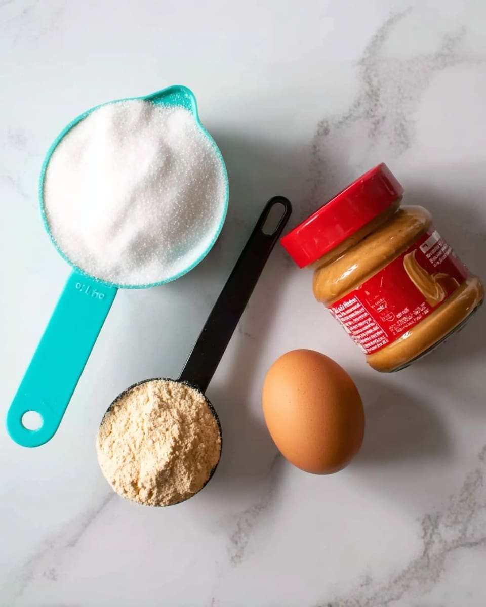 The image shows four ingredients placed on a white marbled surface. On the top left, there is a light blue measuring cup filled with white granulated sugar. Below it, on the bottom left, there is a black measuring spoon holding light brown powder, possibly flour. In the middle, there is a single brown egg. On the right side, there is a small jar with a bright red lid and a mostly red label, filled with a creamy light brown spread, likely peanut butter. The photo taken with an iphone --ar 4:5 --v 7