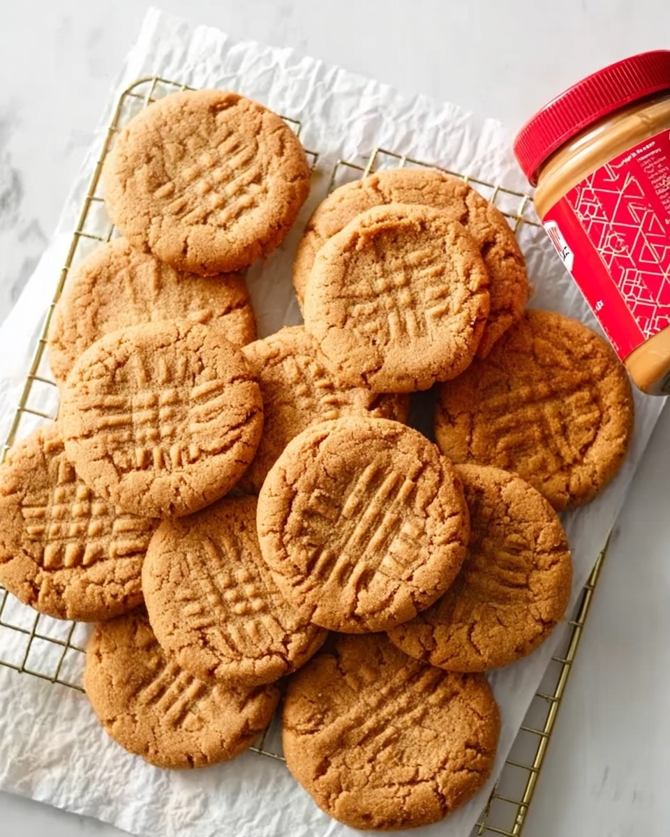 A cooling rack holds about a dozen light brown peanut butter cookies, each showing a soft cracked surface with a crisscross pattern pressed into the top. The cookies are arranged in a slightly overlapping layer on a sheet of white parchment paper. To the right side of the image, a jar with a bright red lid and label stands upright, giving the scene a casual, homemade feel. The whole scene rests on a white marbled texture. photo taken with an iphone --ar 4:5 --v 7